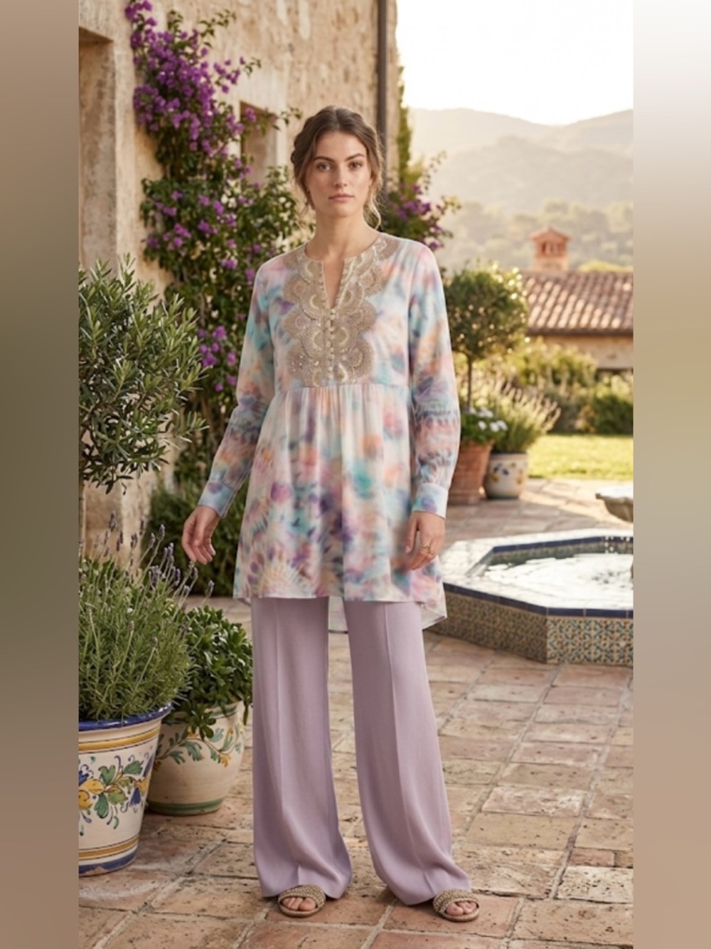 NWT Soft Surroundings Bazille Hand Beaded Embellished Tie Dye Tunic Med